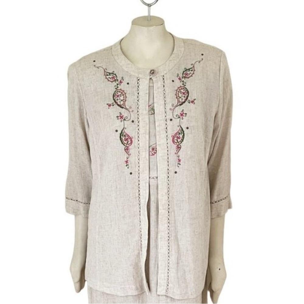 Nancy Bolen City Girl embroidered flax blend jacket and SS shirt Size L